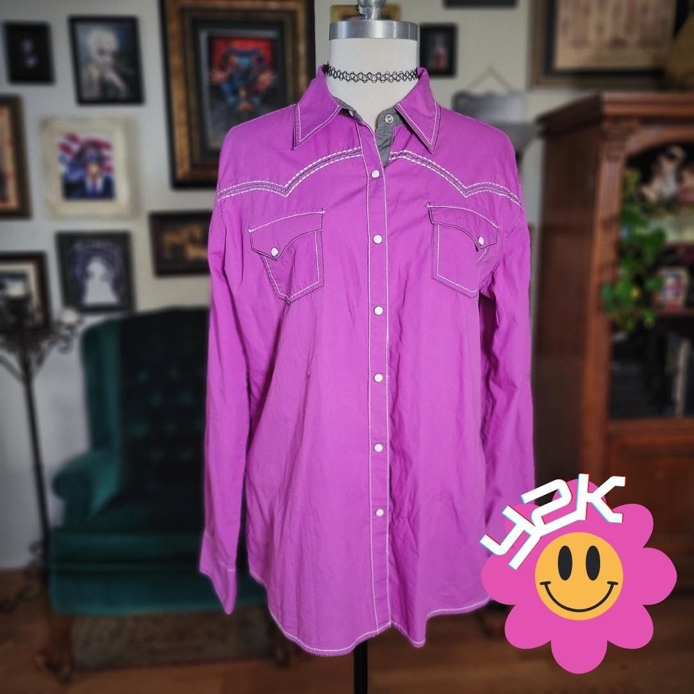 Cowgirl Up Western Shirt‎ Vintage Y2K Purple Embroidered Snap Front Long Sleeve